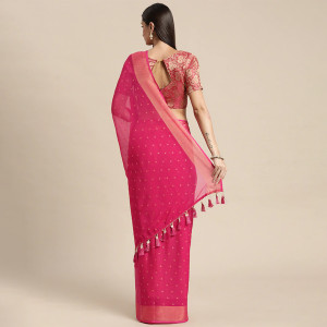 Pink & Gold-Toned Floral Zari Pure Chiffon Saree